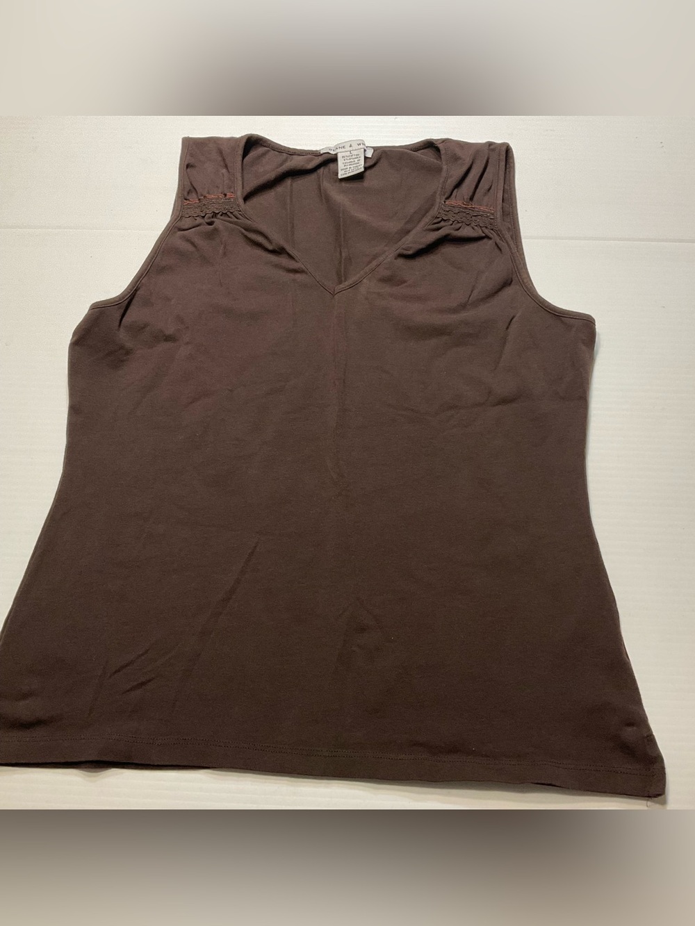 Deane & White Brown Cotton Knit Top Women Sz L Lace Detail Stretchy Sleeveless